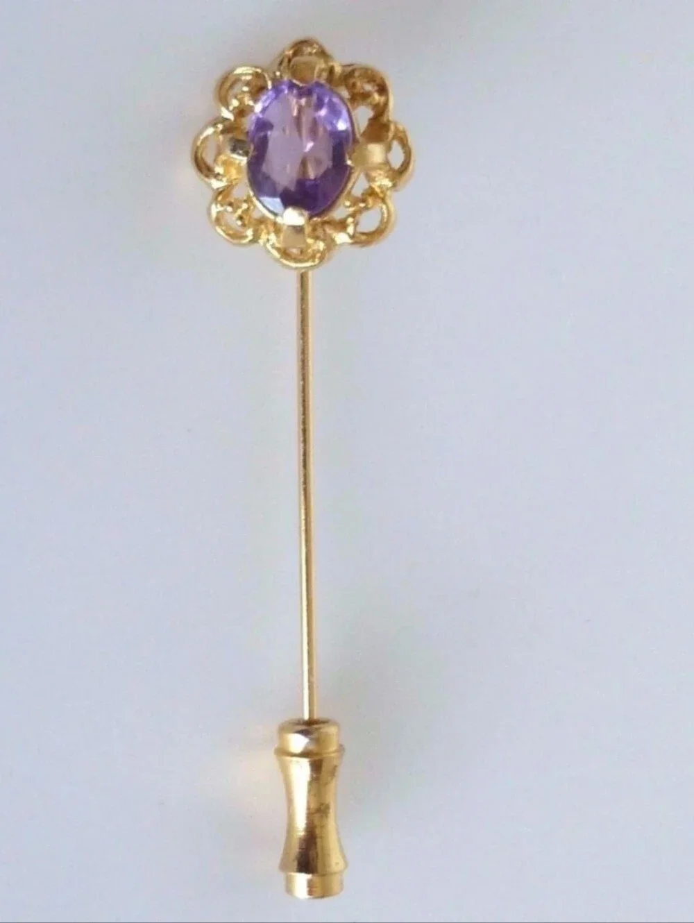 Vintage Genuine Amethyst Purple Flower Gold Tone Metal Stick Pin Brooch 1950's